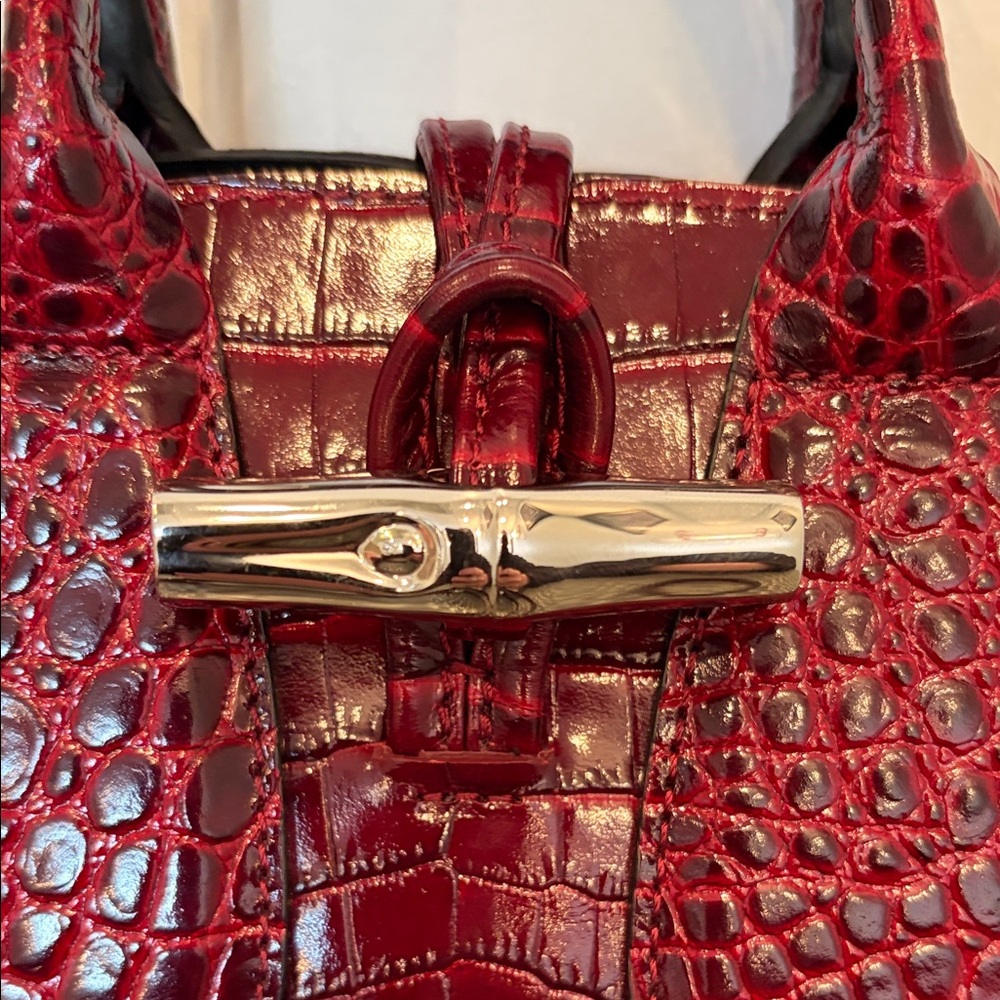 Longchamp XS Roseau Croc-Embossed Burgundy Top-Handle Satchel Crossbody Bag - Picture 6 of 15